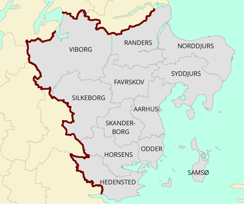 Kort over Østjylland med kommunerne Aarhus, Randers, Favrskov, Silkeborg, Skanderborg, Odder, Horsens, Viborg, Norddjurs, Syddjurs, Samsø og Hedensted